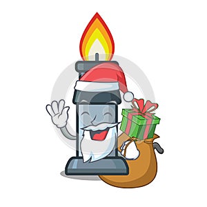 Santa with gift bunsen burner above wooden cartoon table