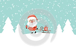Santa With Gift Pulling Sleigh Snow And Forest Turquoise