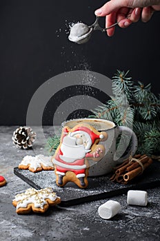 Santa Gingerbread Cookie on Dark Background, Christmas Treat