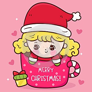 Santa girl in Christmas coffee. X mas card happy new year kids