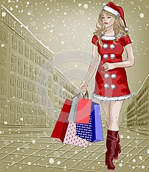 Santa girl with christmas shopping packages on cit