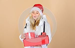 Santa girl. Fashion trend. Winter season. Accessory for celebration. Get bonus. Christmas gifts for customers. Loyalty