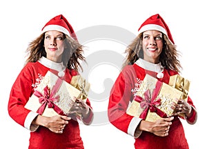 The santa girl with giftboxes on white