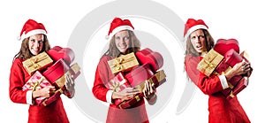 The santa girl with giftboxes on white