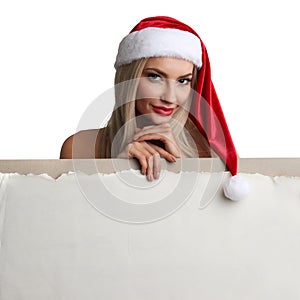 Santa girl holding blank billboard