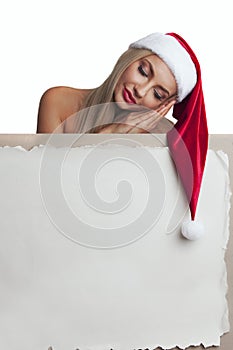 Santa girl holding blank billboard