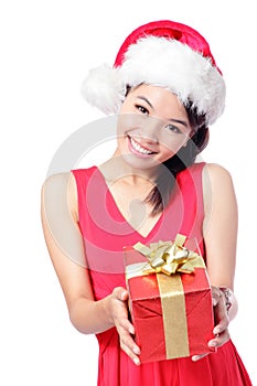 Santa girl holding christmas gift