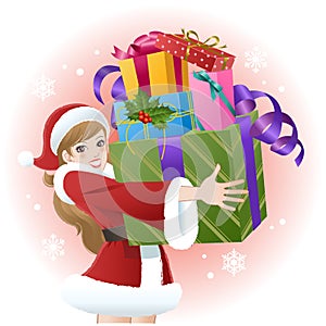 Santa girl holding christmas gift boxes