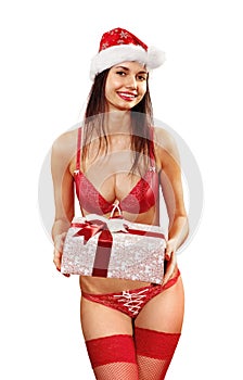 Santa-girl with present isolated on white