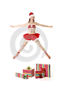 Santa girl with presents on white background