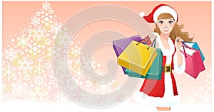 Santa Girl with shopping bags on snowflake tree