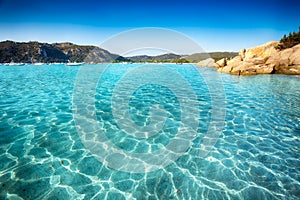 Santa Giulia beach with azure clear water, Corsica, France