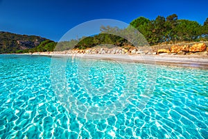 Santa Giulia beach with azure clear water, Corsica, France