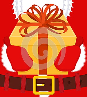 Santa gives gift for Christmas. Box with bow. Red ribbon and yellow case. holiday Illustration for new year. Xmas design template