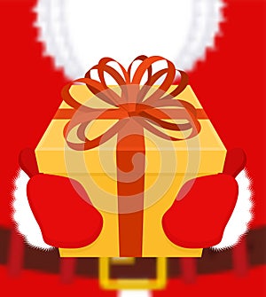 Santa gives gift. Christmas present. Box with bow. Red ribbon an