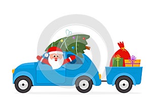 Santa goes in a car with a trailer and carries a Christmas tree and a bag of gifts
