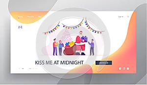 Santa Greeting Kids Website Landing Page. Santa Claus Character Giving Gifts to Happy Children