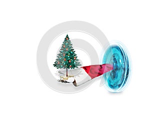 Santa hand with Christmas tree coming out of a portal