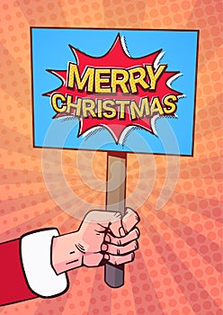 Santa Hand Hold Merry Christmas Banner Pop Art Comic Background Poster Design Winter Holiday Greeting Card