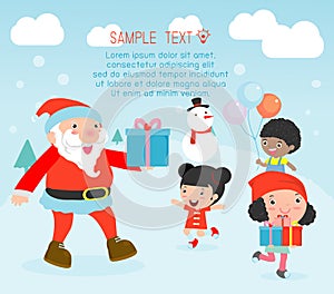 Santa handing out gifts to children,Christmas poster design with Santa Claus, Santa With Kids