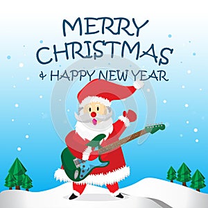Santa Happy Electric guitar and Merry Christmas Cartoon