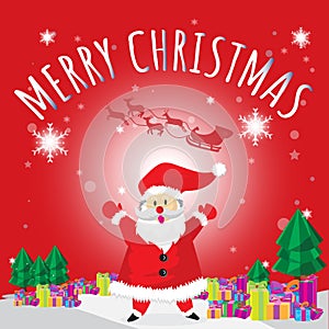 Santa Happy and Merry Christmas Red Background Tree and Gift Cartoon