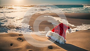 Santa hat against holiday season postcard sea beach blue vacation festive greeting resort