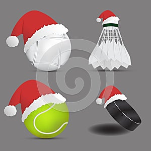 Santa Hat with Boules ball shuttlecock or badminton ball tennis ball ice hockey ball on gray background.set of sports balls. vec