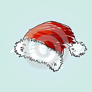 Santa hat doodle painted quirky scribble red and white color on blue background, Isolated Christmas and New Year design element