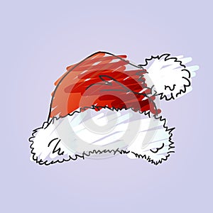 Santa hat doodle painted quirky scribble red and white color on violet background, Isolated Christmas and New Year design element