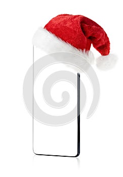 Santa hat hanging on smartphone blank screen. Isolated with clipping path.