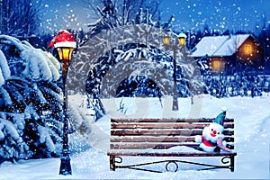 Santa hat and New Year`s soft toy on a bench in the winter forest against the background of a village house and lantern. Christma