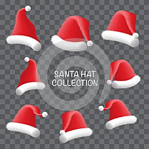 Santa hat realistic collection set on grey checkered background design for merry christmas celebration holiday vector