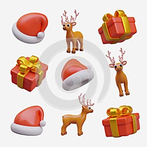 Santa hat, red gift box with gold bow, deer. Set of vector objects in different positions