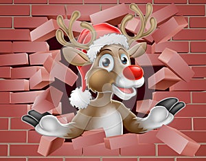 Santa Hat Reindeer Cartoon Breaking Brick Wall