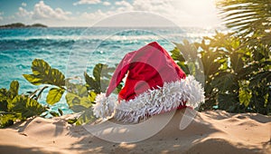 Santa hat resort greeting season the sea, holiday leaves vacation seasonal card festive