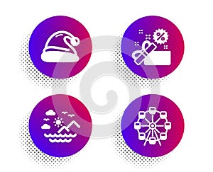 Santa hat, Sale and Sea mountains icons set. Ferris wheel sign. Christmas, Gift box, Summer travel. Vector