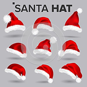 Santa Hat Set Vector. Santa Claus Holiday Red And White Cap Colllection. Winter Christmas Design. Isolated Realistic