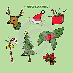 Santa hat, stick, ribbon, deer head, bell and Christmas tree.