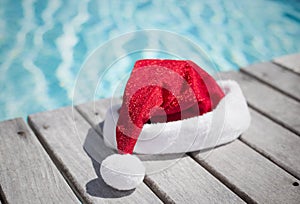 Santa hat by the swimming pool