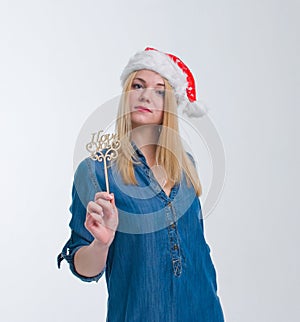 Santa hat woman holding i love you sign in white screen