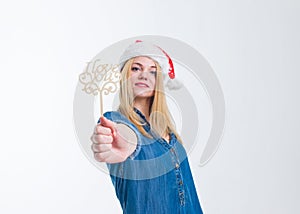 santa hat woman holding I Love You sign in white screen