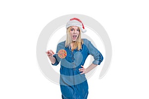 santa hat woman holding a lollipop in white screen