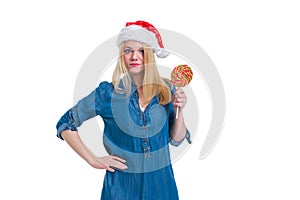 santa hat woman holding a lollipop in white screen