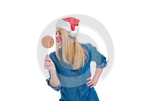 Santa hat woman holding a lollipop in white screen