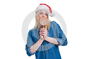 Santa hat woman holding a lollipop in white screen