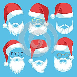 Santa hats and beards. Christmas elements white mustache, beard and glasses, claus red hat, winter holiday clothes