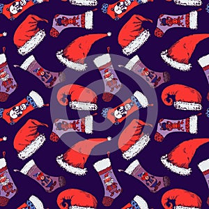 Santa hats, Christmas sock with Santa, bear, deer and snowman on dark blue background