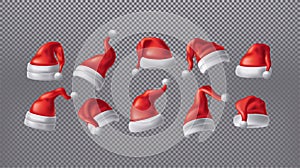 Santa Hats. Xmas claus cap, new year holiday red clothes with fur balls on transparent background. 3D cold winter