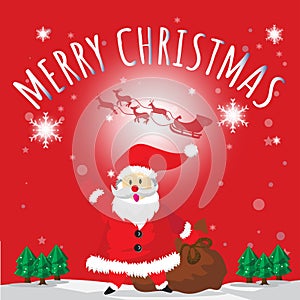 Santa Hello bag and Merry Christmas Red Background Tree and Gift Cartoon